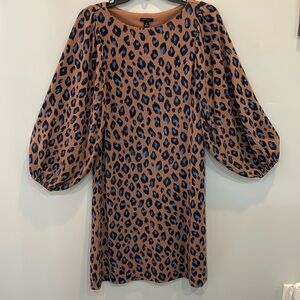 Ann Taylor XS Brown Blue Black Leopard Print Puff Sleeve Shift Dress